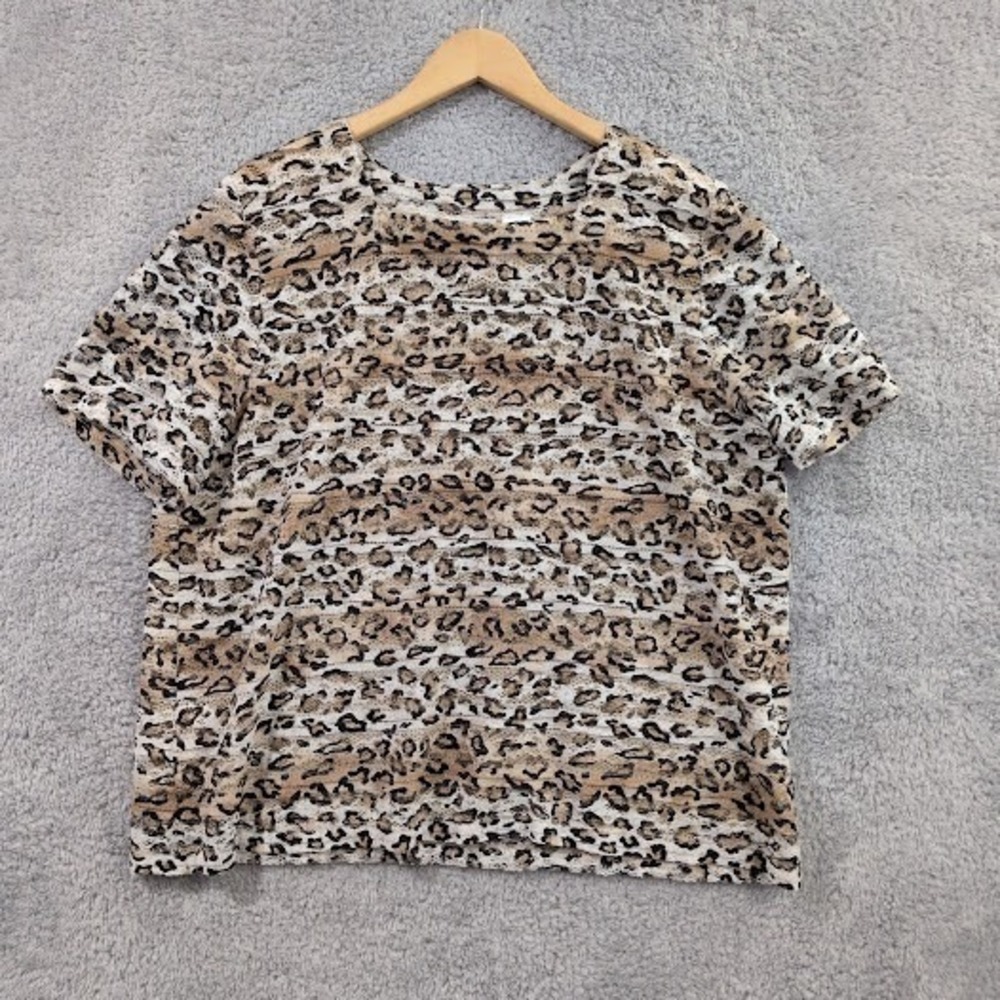 Alfred Dunner Blouse Womens XL Brown Leopard Print Lace Overlay Short Sleeve Top